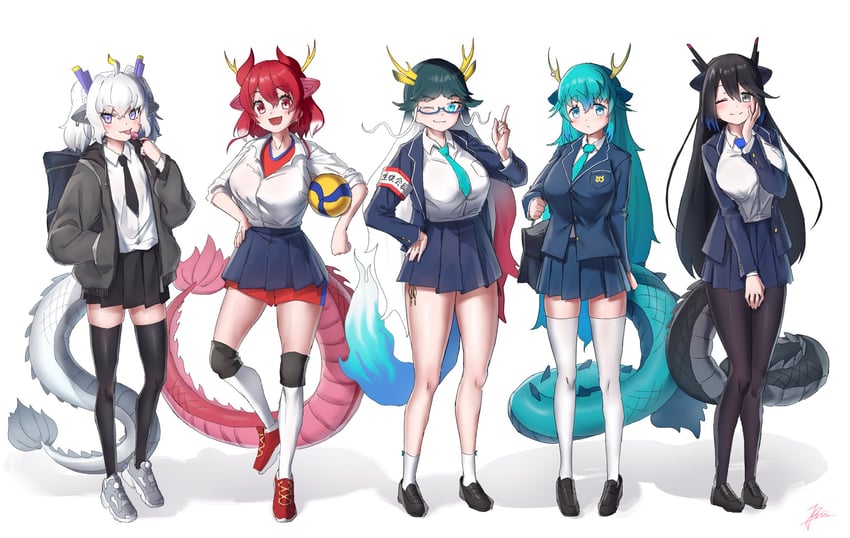 white dragon, kirin, black dragon, red dragon, and blue dragon (kemono friends and 1 more) drawn by mogurii