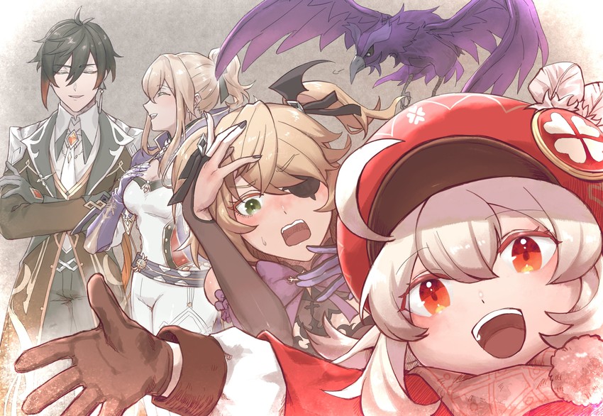 zhongli, klee, fischl, jean, and oz (genshin impact) drawn by genshin_krois
