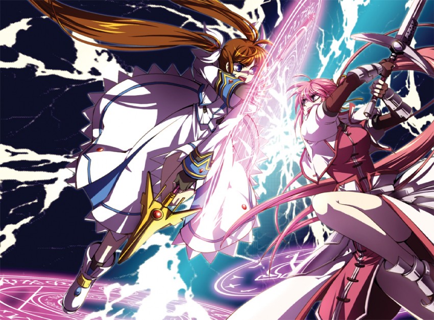 takamachi nanoha, raising heart, signum, and laevatein (lyrical nanoha and 2 more) drawn by asamiyajy