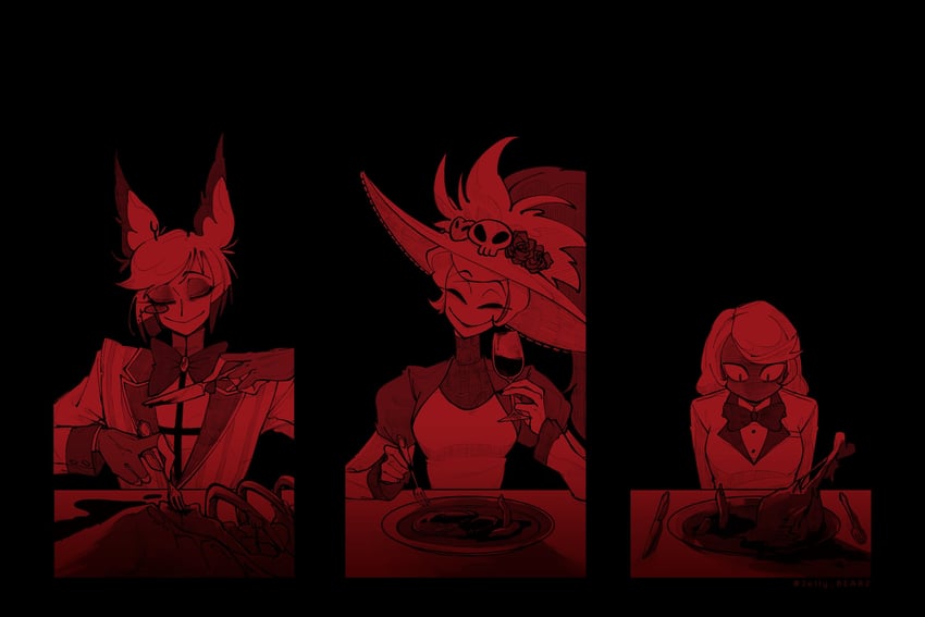 charlie morningstar, alastor, and rosie (hazbin hotel) drawn by jelly_bear2