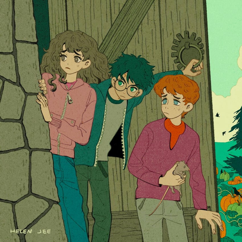 hermione granger, harry potter, ron weasley, and scabbers (wizarding world and 2 more) drawn by helen_jee