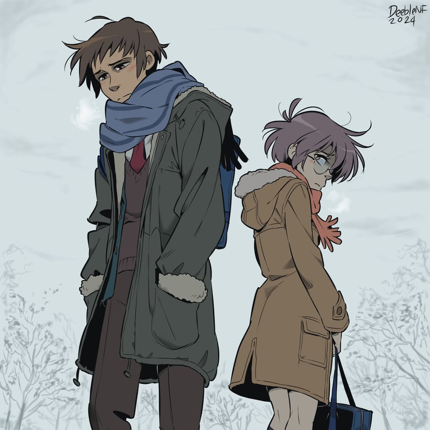 nagato yuki and kyon (suzumiya haruhi no yuuutsu and 1 more) drawn by deeblenf