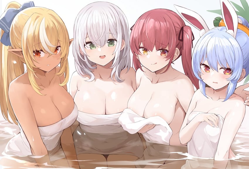 houshou marine, usada pekora, shirogane noel, and shiranui flare (hololive) drawn by mou_tama_maru