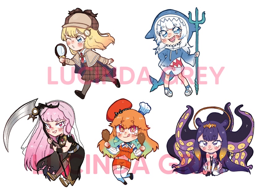 gawr gura, mori calliope, ninomae ina'nis, takanashi kiara, and watson amelia (hololive and 1 more) drawn by lucinda_grey