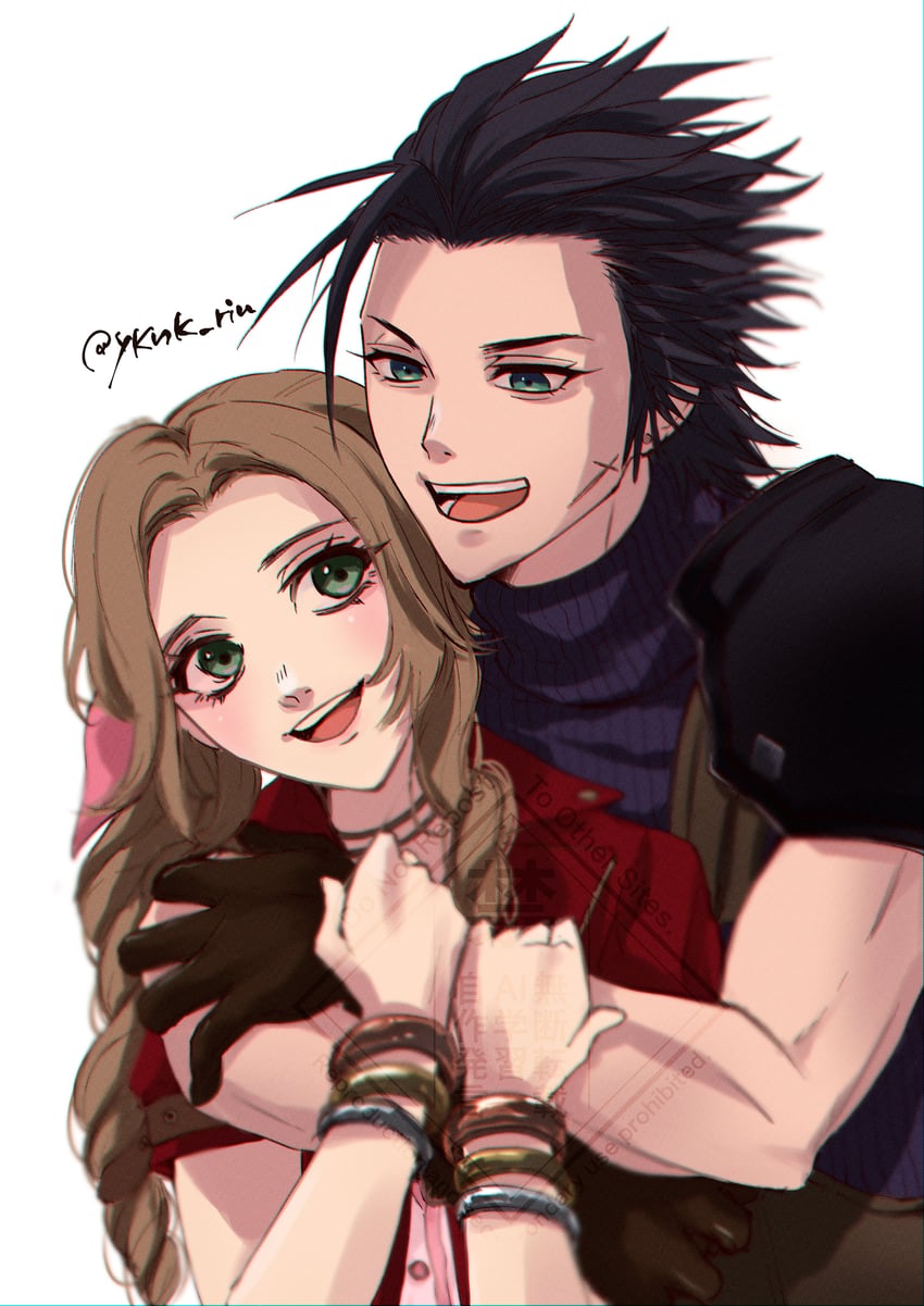 aerith gainsborough and zack fair (final fantasy and 2 more) drawn by yknk_rin