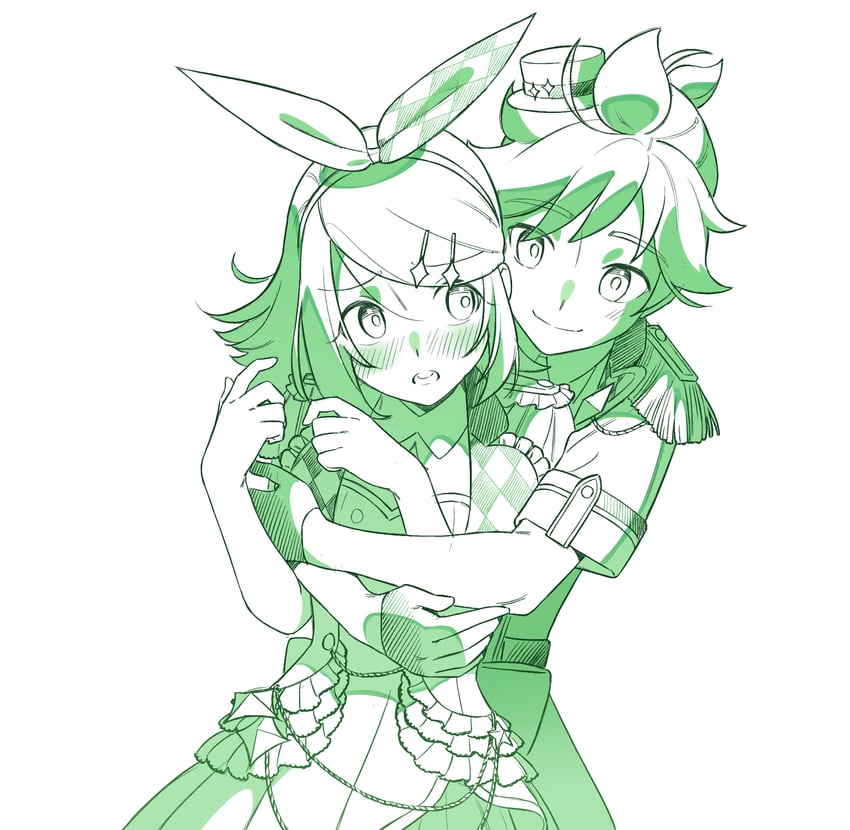 kagamine rin, kagamine len, more more jump! rin, and more more jump! len (vocaloid and 1 more) drawn by bon_bon_eee