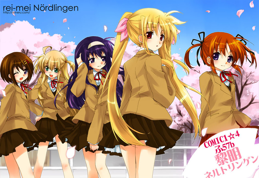 fate testarossa, takamachi nanoha, yagami hayate, arisa bunnings, and tsukimura suzuka (lyrical nanoha and 2 more) drawn by kuroi_mimei