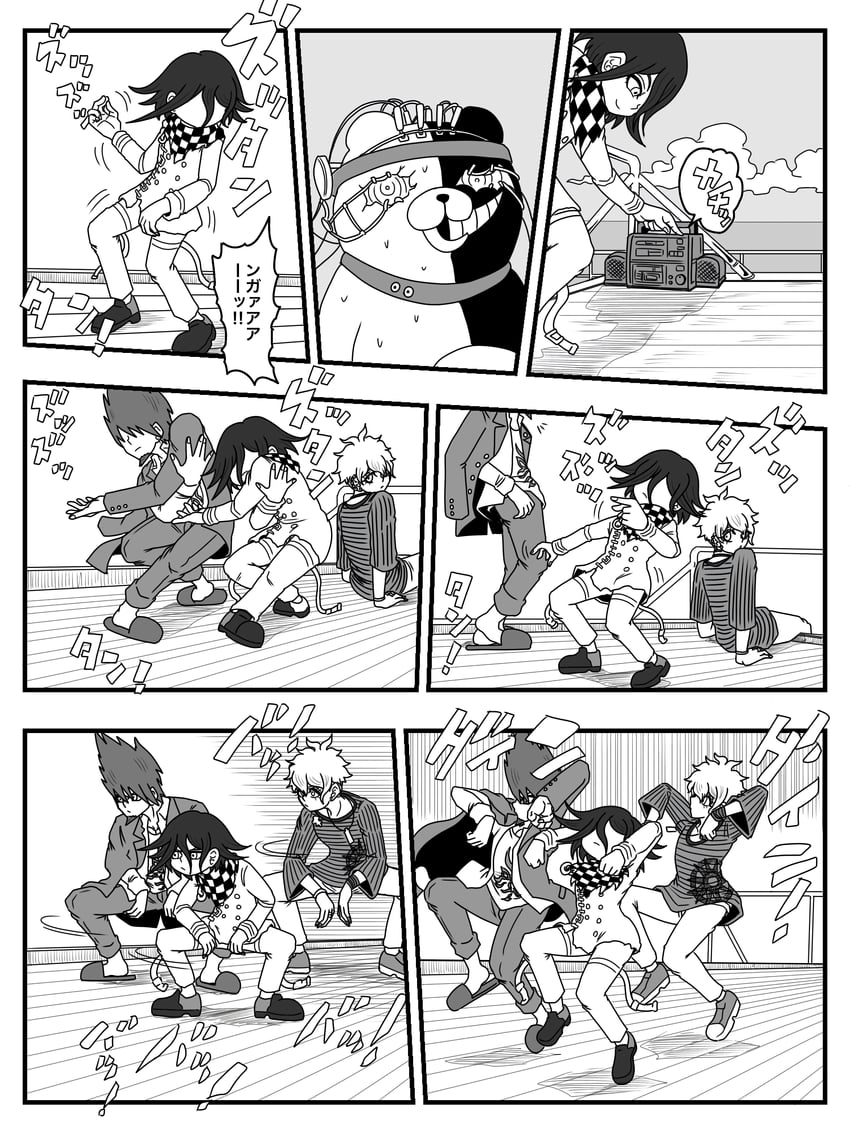oma kokichi, monokuma, momota kaito, and amami rantaro (danganronpa and 4 more) drawn by jan1214