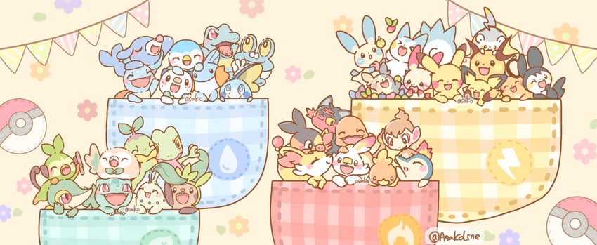 pikachu, rowlet, piplup, morpeko, bulbasaur, and 29 more (pokemon) drawn by asakoline