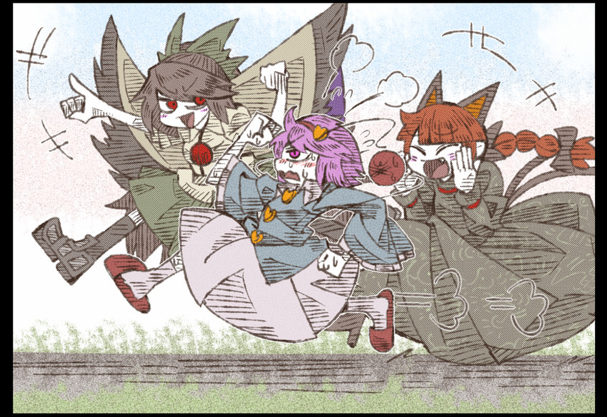 komeiji satori, kaenbyou rin, and reiuji utsuho (touhou) drawn by suenari_(peace)
