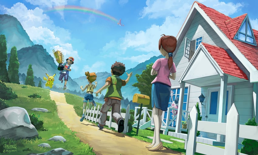 pikachu, ash ketchum, misty, ho-oh, brock, and 2 more (pokemon and 1 more) drawn by mcgmark