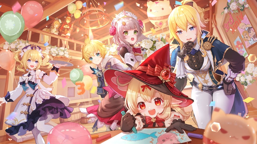 lumine, aether, barbara, jean, amber, and 5 more (genshin impact) drawn by nyansan_oekaki