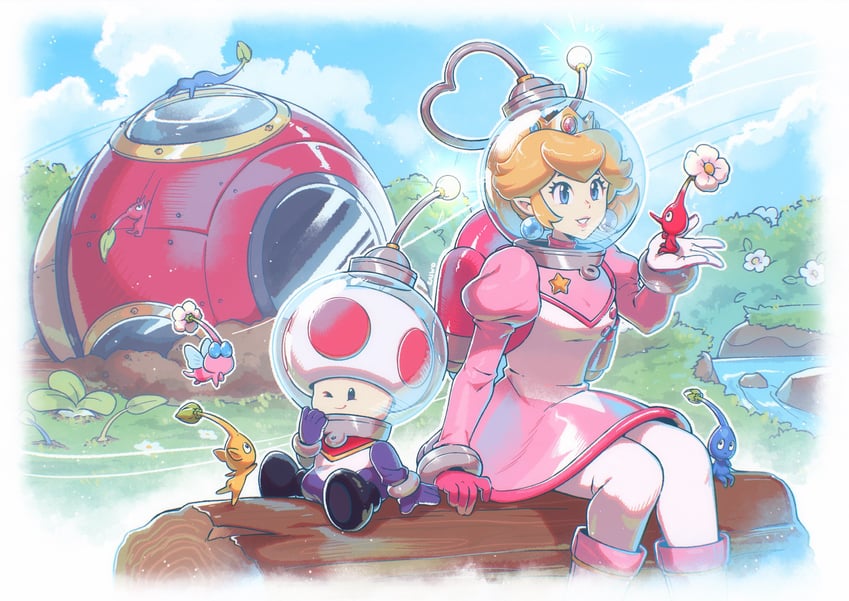 princess peach, red pikmin, yellow pikmin, blue pikmin, toad, and 1 more (mario and 1 more) drawn by saiwo_(saiwoproject)