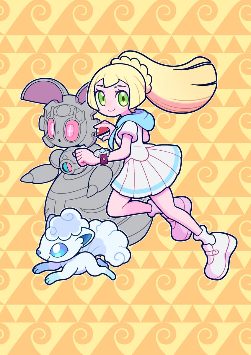 lillie, alolan vulpix, and magearna (pokemon and 1 more) drawn by bear_ringer