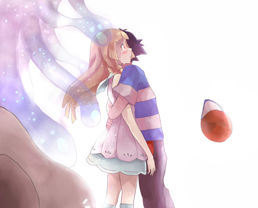 lillie, ash ketchum, and nihilego (pokemon and 1 more) drawn by kuriyama