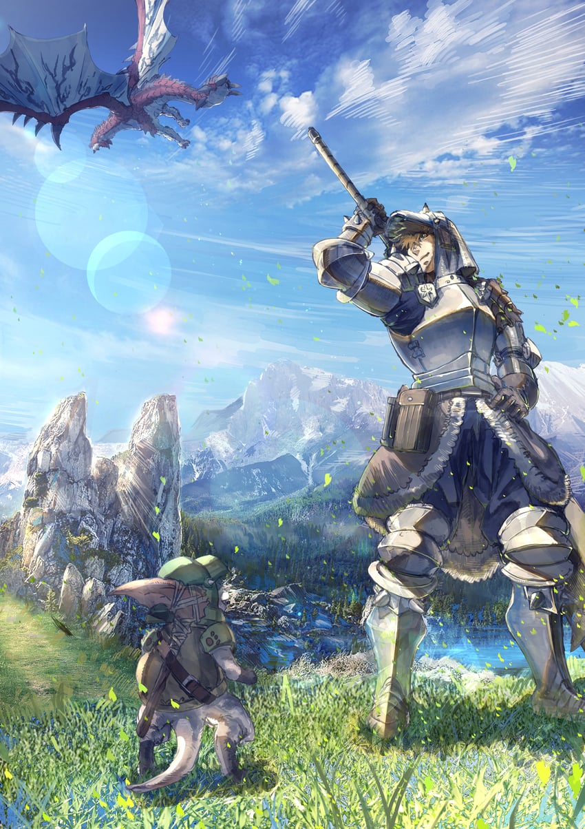 monster hunter, player palico, and rathalos (monster hunter) drawn by touro