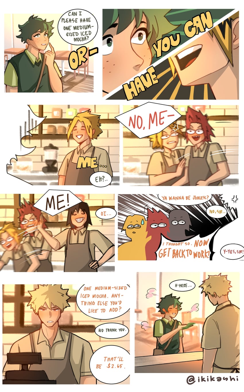 midoriya izuku, bakugou katsuki, kirishima eijiro, kaminari denki, and sero hanta (boku no hero academia) drawn by ikikashi