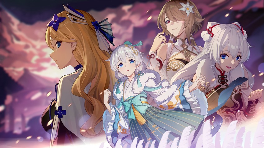 kiana kaslana, theresa apocalypse, rita rossweisse, durandal, and zhuge kongming (honkai and 1 more)