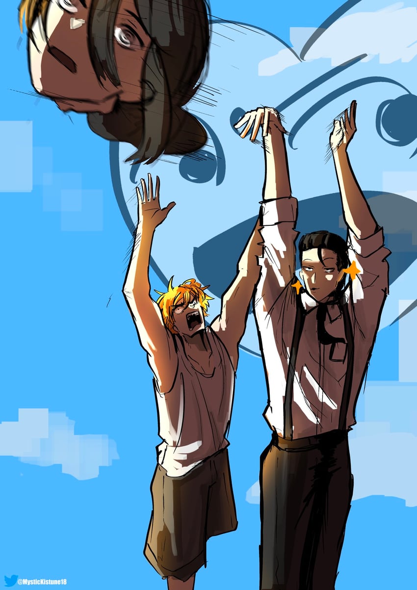 denji, nayuta, and barem bridge (chainsaw man) drawn by mystickeiji24