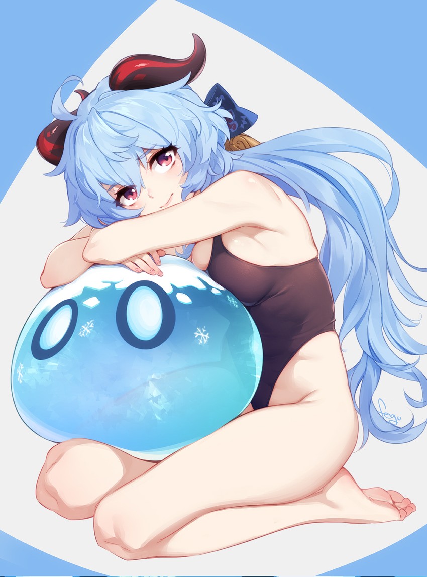 ganyu, slime, and cryo slime (genshin impact) drawn by feguimel
