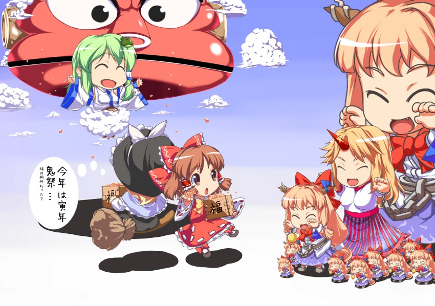 hakurei reimu, kirisame marisa, kochiya sanae, ibuki suika, hoshiguma yuugi, and 2 more (touhou and 2 more) drawn by tenpura_(tenpura621)