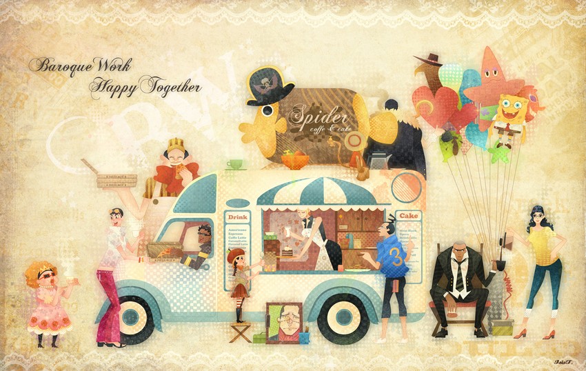 crocodile, spongebob squarepants, patrick star, galdino, bon clay, and 7 more (one piece and 1 more) drawn by isist
