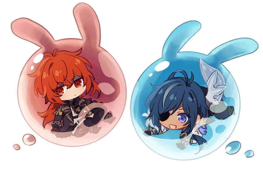 diluc, kaeya, and seelie (genshin impact) drawn by jagaimo_(kakkoiiosi5)
