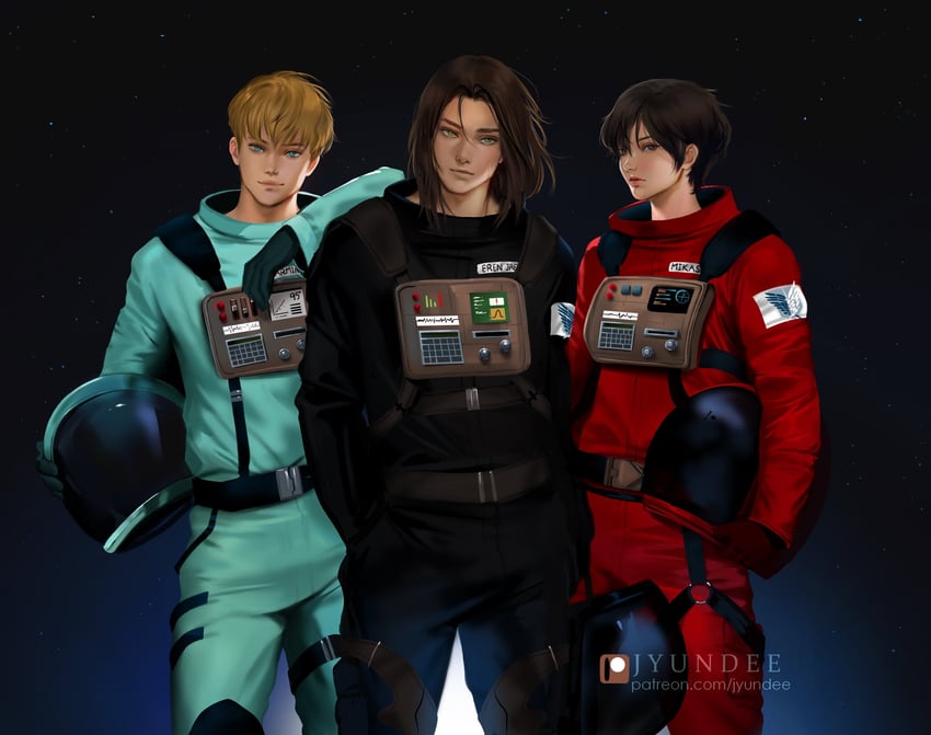 mikasa ackerman, eren yeager, and armin arlert (shingeki no kyojin and 1 more) drawn by jyundee