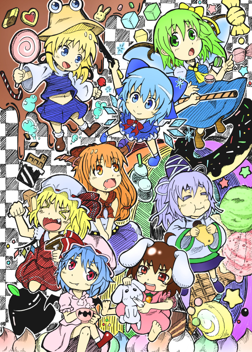 remilia scarlet, flandre scarlet, cirno, moriya suwako, ibuki suika, and 3 more (touhou) drawn by otsu_kinoto