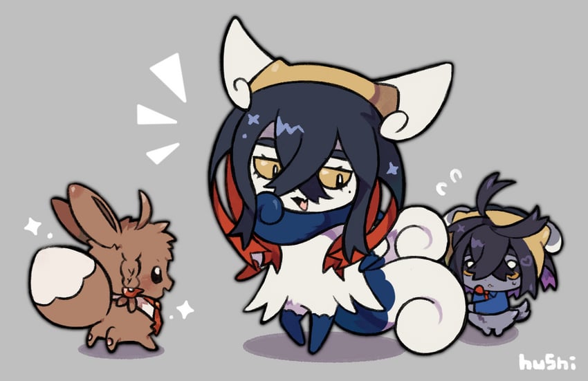 eevee, kieran, juliana, carmine, espurr, and 1 more (pokemon and 1 more) drawn by bingjing_hushi