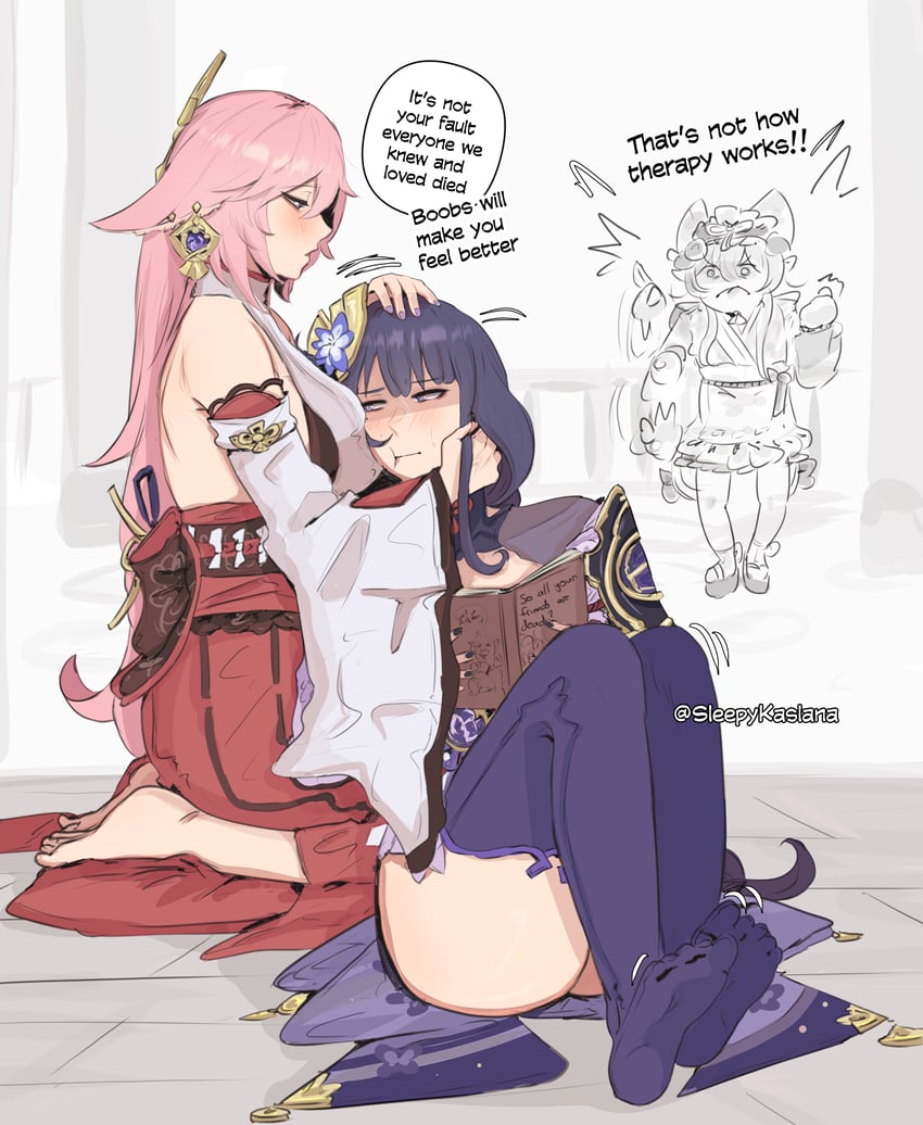 raiden shogun, yae miko, and yumemizuki mizuki (genshin impact) drawn by sleepy_kaslana