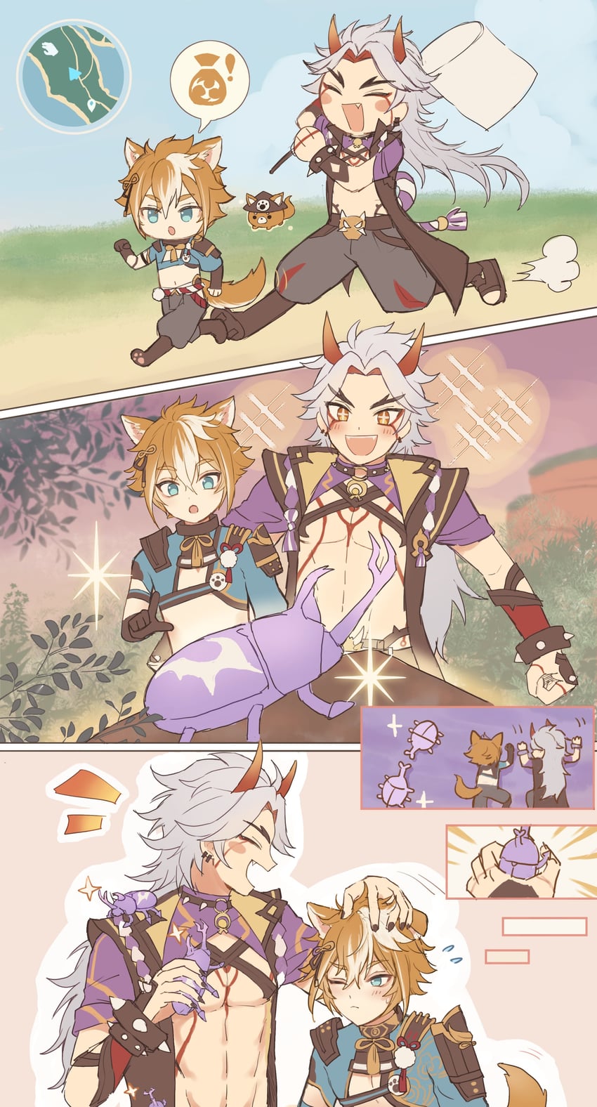 arataki itto, gorou, and onikabuto (genshin impact) drawn by akk1