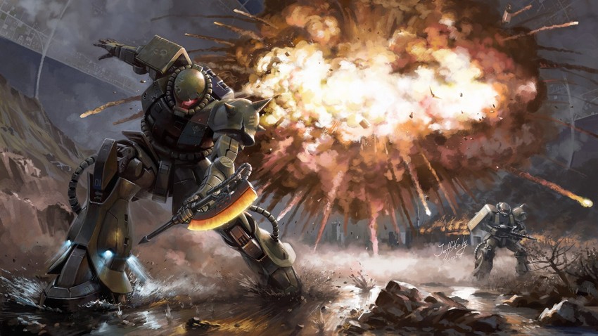 rx-78-2 gundam and zaku ii (gundam and 1 more) drawn by jeffholy