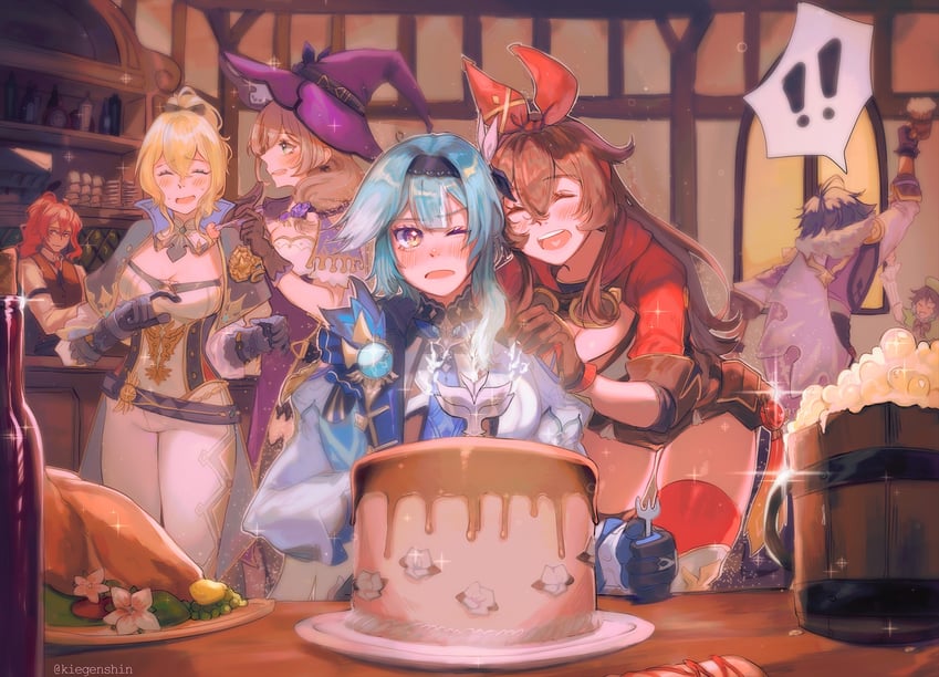 venti, eula, jean, diluc, amber, and 2 more (genshin impact) drawn by kiegenshin