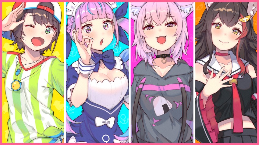 nekomata okayu, minato aqua, ookami mio, and oozora subaru (hololive) drawn by tonarikeru