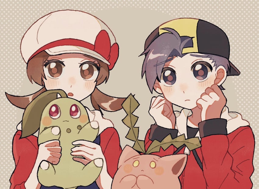 ethan, lyra, chikorita, and hoppip (pokemon and 1 more) drawn by mikakami1e