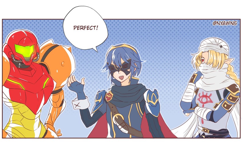 samus aran, lucina, sheik, and marth (fire emblem and 6 more) drawn by nyawn5