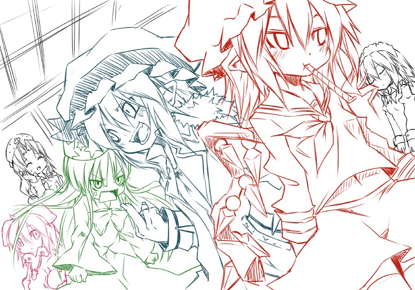 remilia scarlet, flandre scarlet, izayoi sakuya, houraisan kaguya, inaba tewi, and 1 more (touhou) drawn by noya_makoto