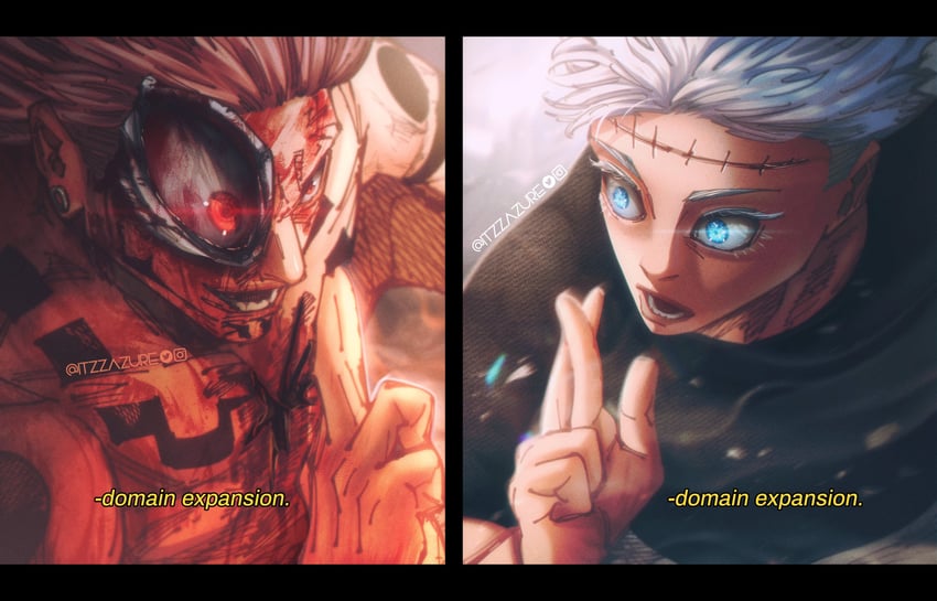 gojou satoru, ryoumen sukuna, and okkotsu yuuta (jujutsu kaisen) drawn by akutami_gege and itzzazure