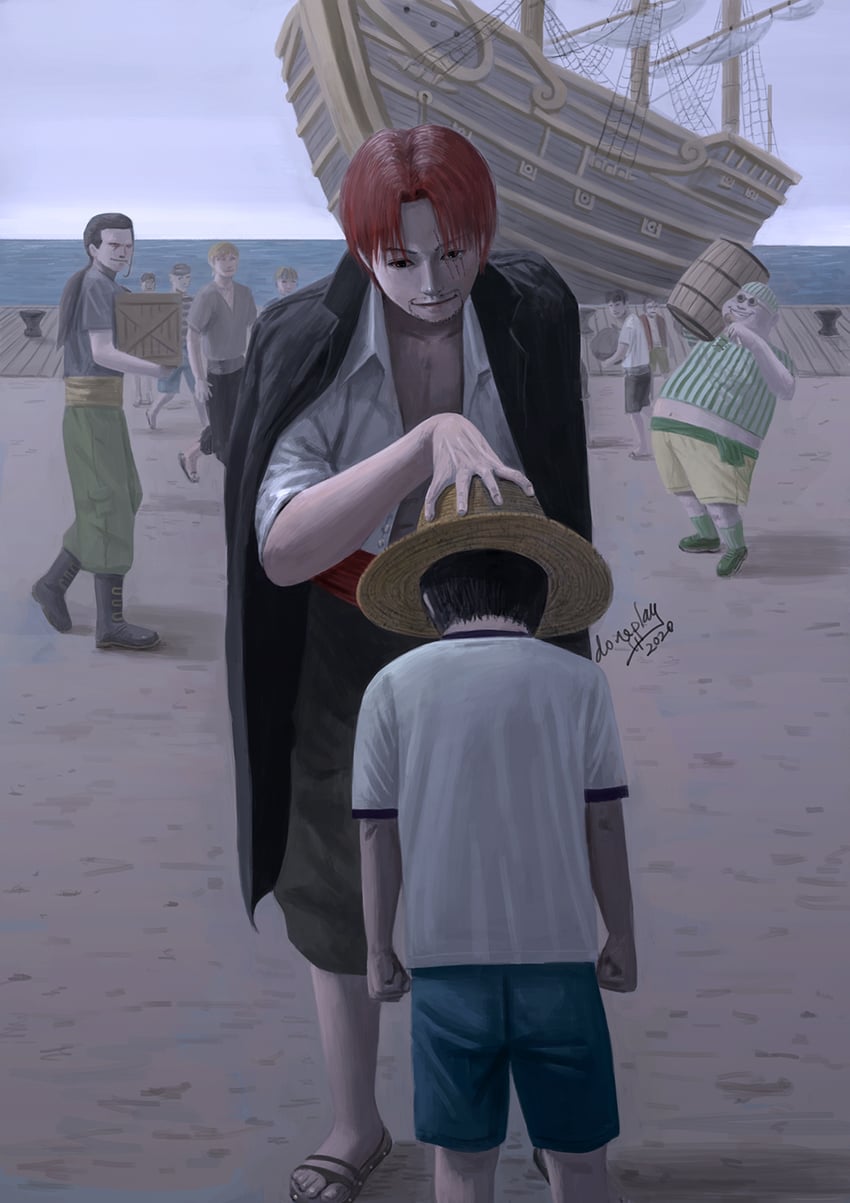 monkey d. luffy, shanks, benn beckman, and lucky roux (one piece) drawn by doneplay