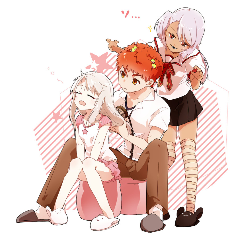 illyasviel von einzbern, emiya shirou, and chloe von einzbern (fate and 1 more) drawn by himo_(himazin)