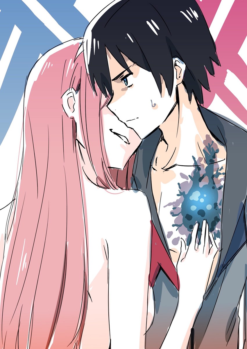 zero two and hiro (darling in the franxx) drawn by makicha_(sasurainopink)