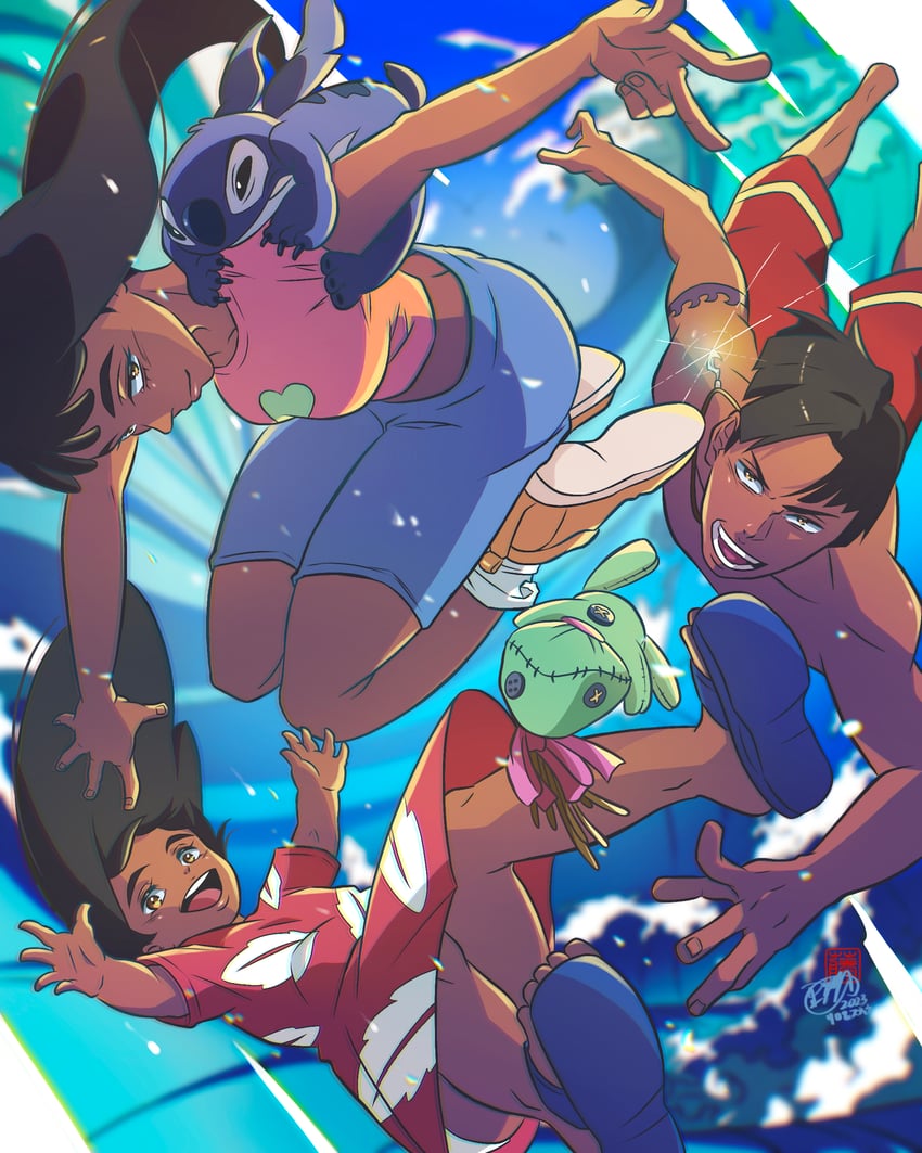 stitch, nani pelekai, lilo pelekai, and david kawena (lilo & stitch) drawn by 110isato