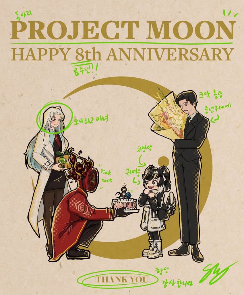 dante, angela, roland, jang schna, and cyclops (project moon and 3 more) drawn by blossomseol02