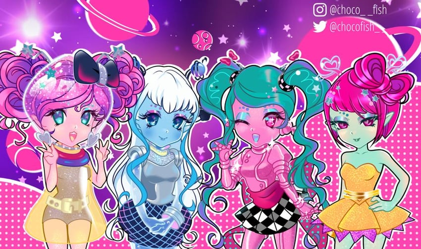 una verse, mae tallick, ari roma, and alie lectric (novi stars) drawn by chocofish