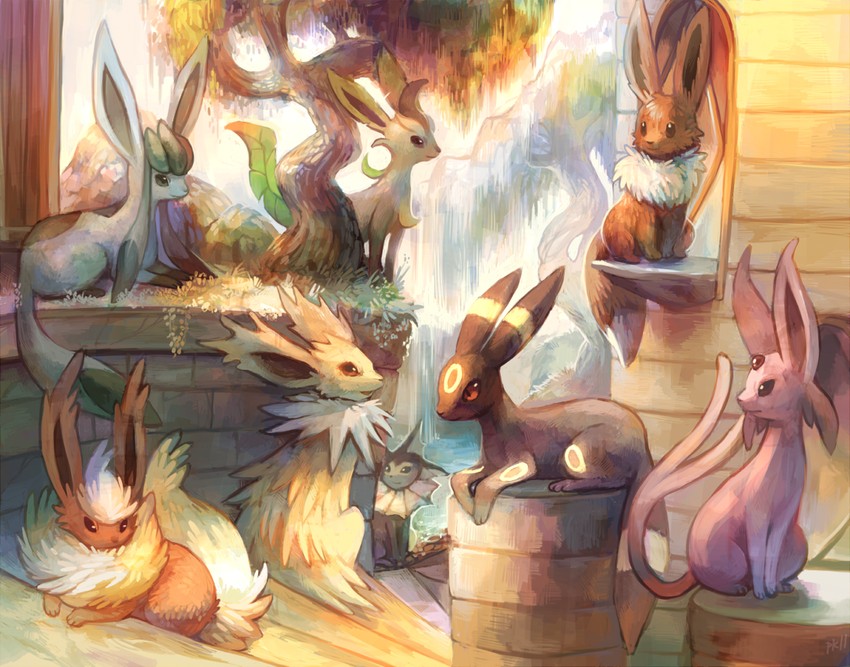 eevee, umbreon, glaceon, vaporeon, espeon, and 3 more (pokemon) drawn by glitchedpuppet