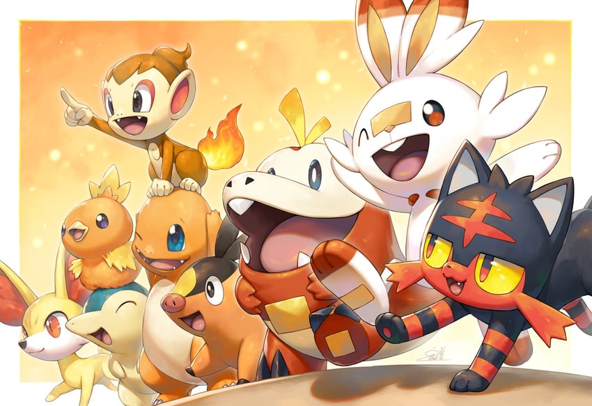 cyndaquil, charmander, torchic, tepig, fuecoco, and 3 more (pokemon) drawn by kemonomichi_(blue_black)