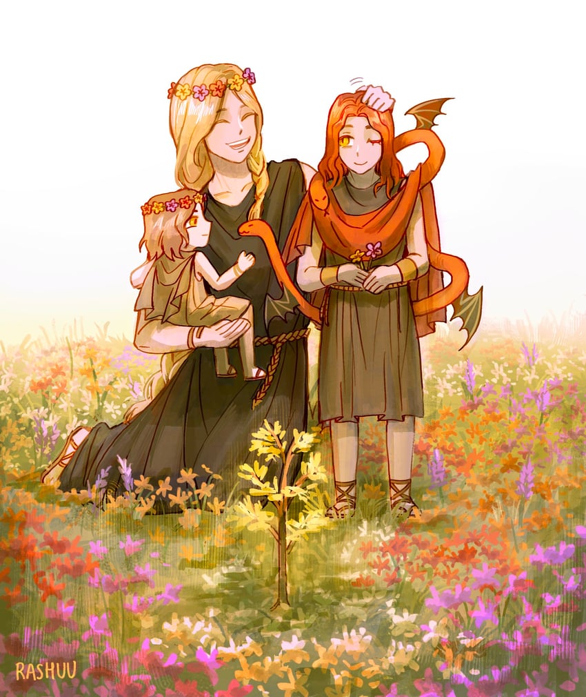 melina, queen marika the eternal, and messmer the impaler (elden ring and 1 more) drawn by rashuu