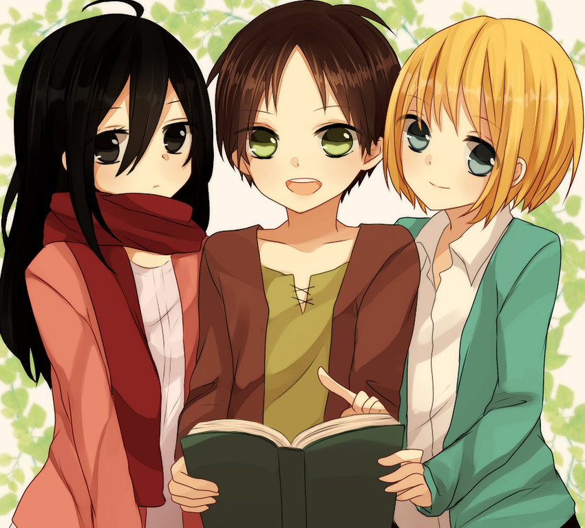mikasa ackerman, eren yeager, and armin arlert (shingeki no kyojin) drawn by mocomoca91
