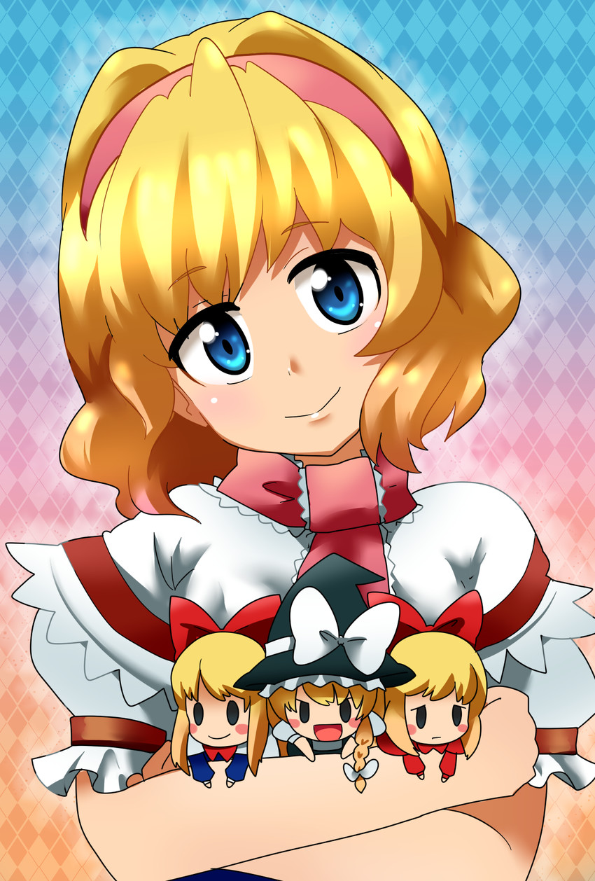 kirisame marisa, alice margatroid, shanghai doll, and hourai doll (touhou) drawn by pmx